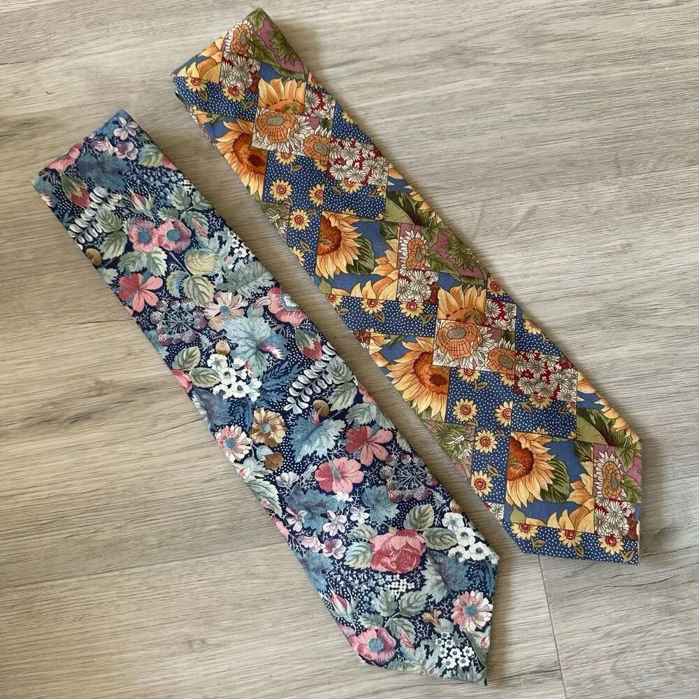 Vintage Y2K Tango Max Raab Woven Cotton Floral Print Ties (2) Made in USA
